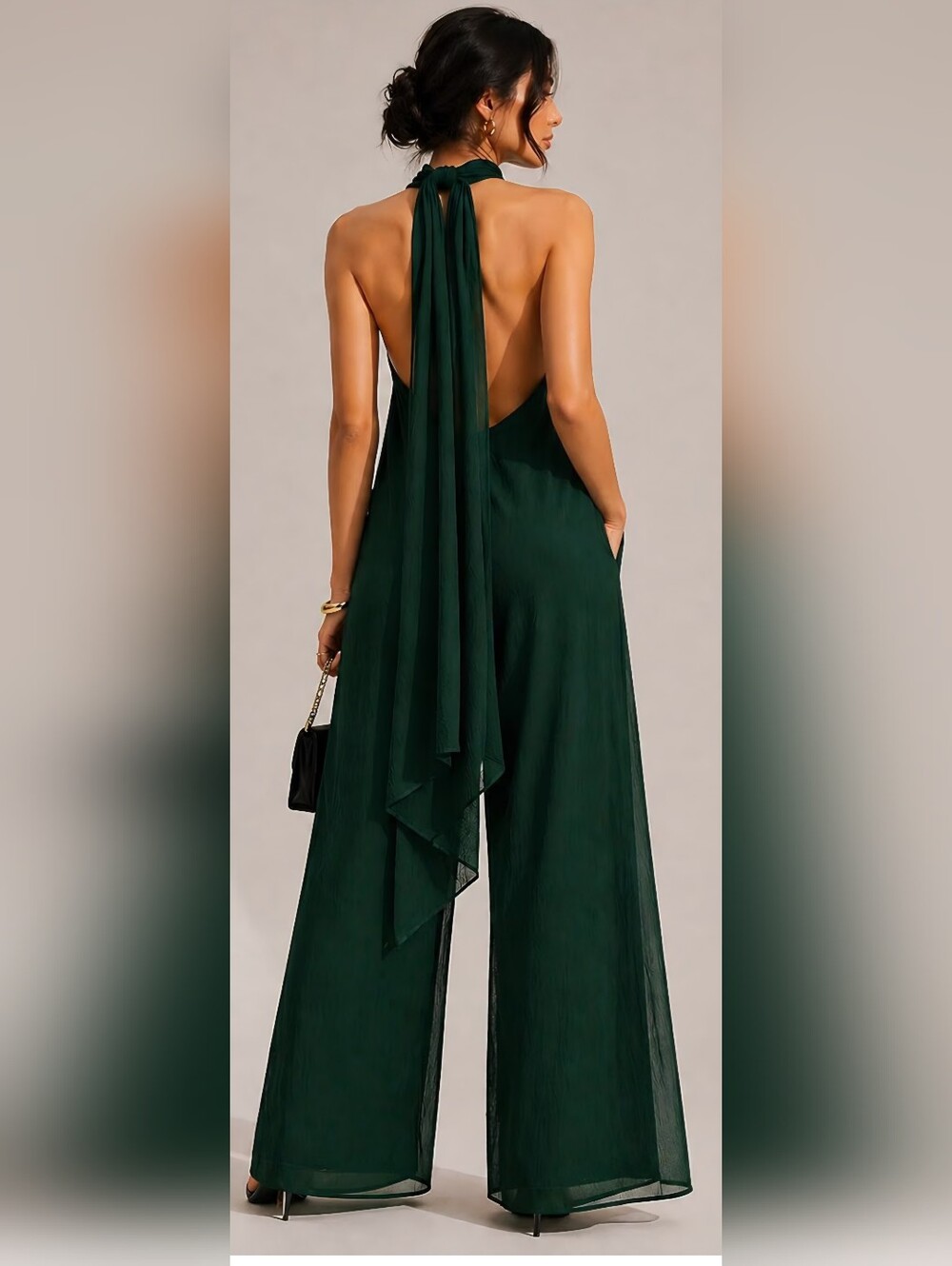 NWT Emerald Green Chiffon Halter Wide Leg Jumpsuit XL - Picture 2 of 3
